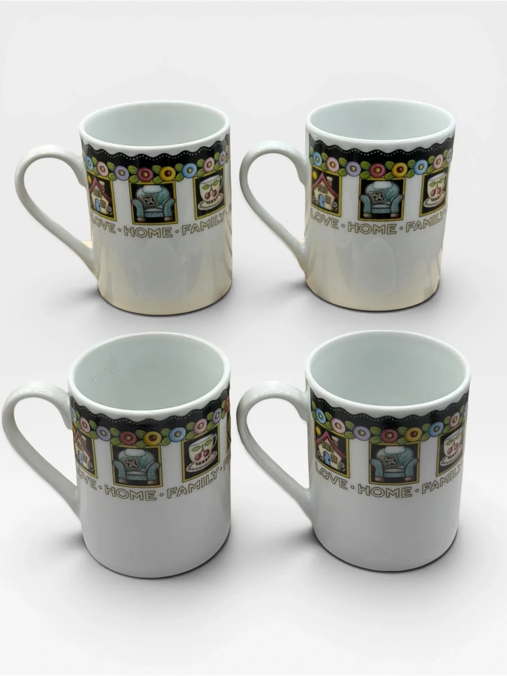 2001 Mary Engelbreit ME 4” Love Home Family Mugs with Colorful Border Pattern x4